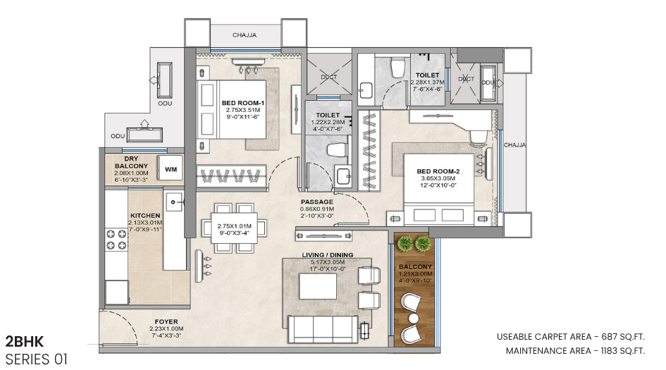 Tricity-Delta-Aevon-City-Floor-Plan-2-BHK-687-Sqft